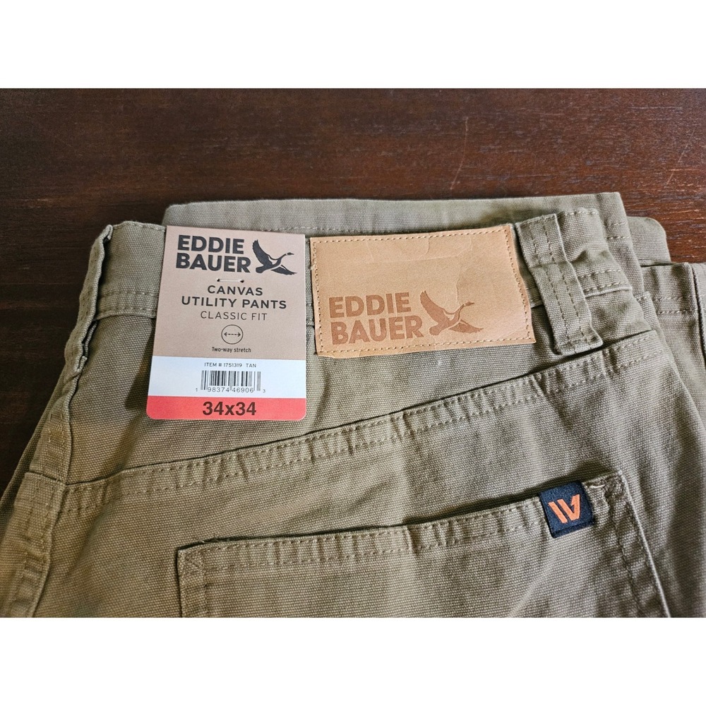 Eddie Bauer Canvas Utility Pants Mens 34x34 Tan Classic Fit Stretch 1751319